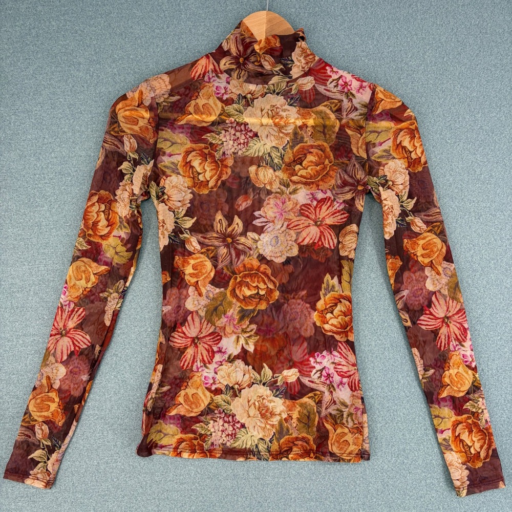 Guess XS Brown Floral Sheer Mesh Mock Neck Long Sleeve Top Y2K Grunge Boho